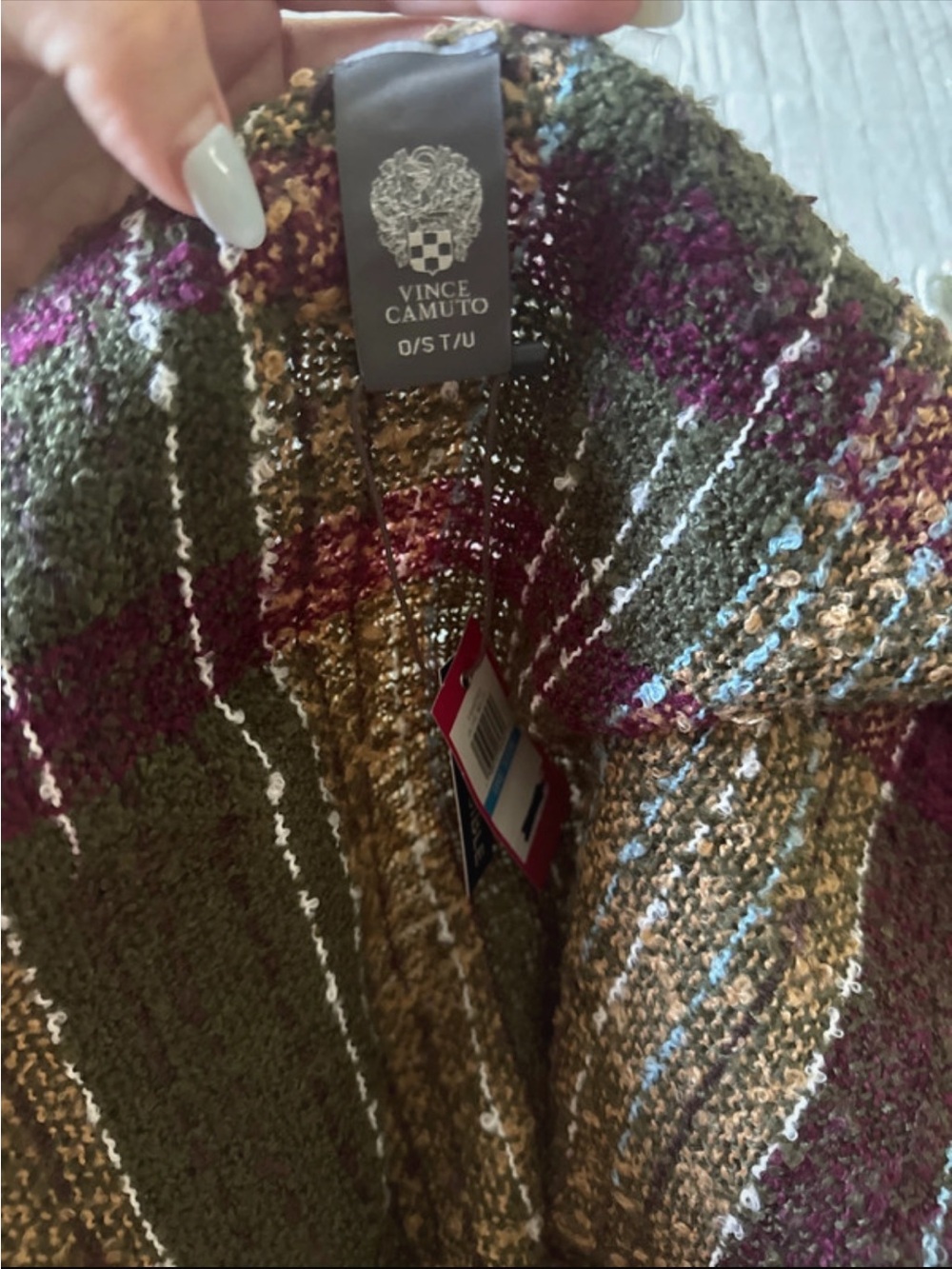 Vince Camuto Olive, Berry & Gold Bouclé Open Cardigan